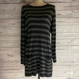 Eileen Fisher Striped Black and Gray Long Sleeve Pockets Women's Tunic Dress L